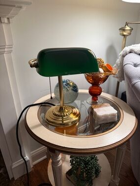 Banker's Lamp Green Glass Shade Art Deco Brass Pull String Vintage MCM retro